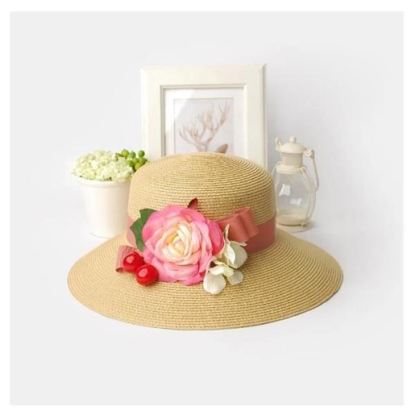 Middle Ribbon Women's Hats With UV Protection , Pink Flowers Straw Summer Hats For Women