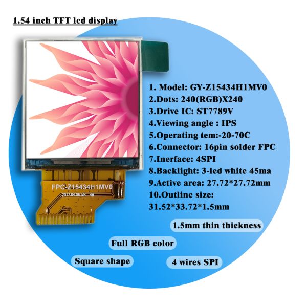 Genyu Custom 1.54 Inch TFT LCD Display with 240x240 Resolution and IPS Viewing Angle