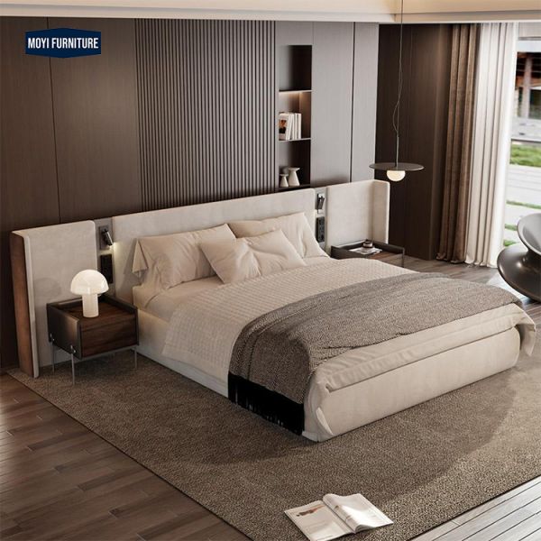 Customize Size Modern Luxury Double Queen Bed Large Headboard Velvet Fabric Upholstered King Size Beds Power Switch Furniture