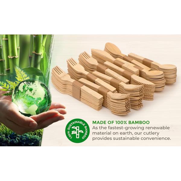 Disposable Outdoor Bamboo Utensils, 100% Bamboo Cutlery Wooden Cutlery  Eco-Friendly Compostable Cutlery