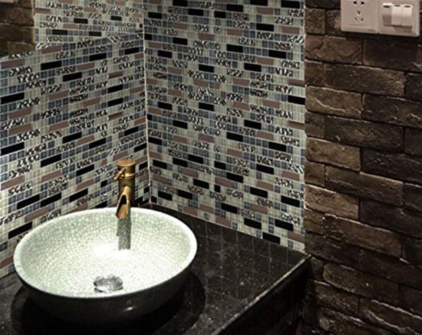 Black Strip Silver Glass And Metal Tile Backsplash , Mini Glass Kitchen Wall Tiles