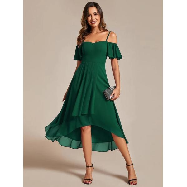Empire Off-shoulder Spaghetti Strap Zipper High-low Wedding Guest Dresses Short Sleeves Pink Chiffon Bridesmaid Dress