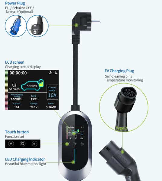 16a Ip65 Ac Ev Portable Electric Car Charging Station Adjustable Ev Charging Pile