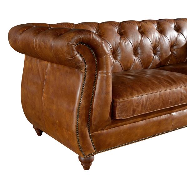 Retro Vintage Three Seater Leather Sofa With Brass Nails / Leather Buttons