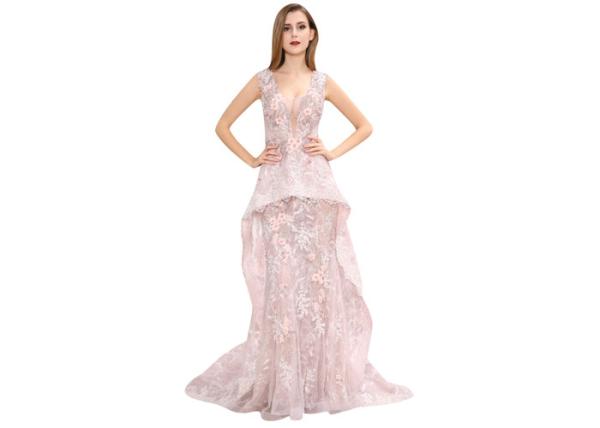 Pink Appliqued Lace Sleeveless Arabic Wedding Guest Dresses Long Prom Gown