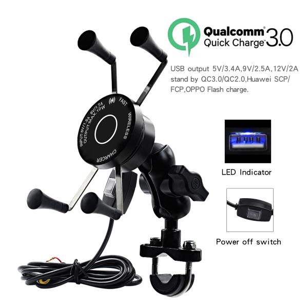 7.5W 2A X Claw Motorcycle Phone Mount With 3 In 1 Wireless Charger