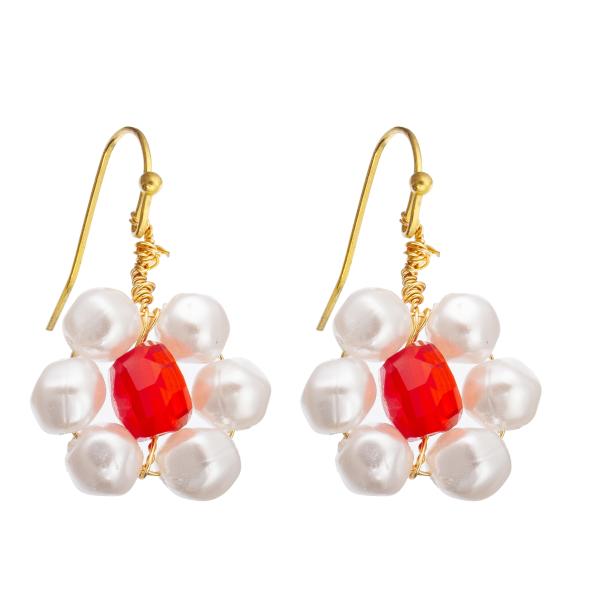 White Flower Red Faceted Glass Beads Freshwater Pearl Earrings Set for Women