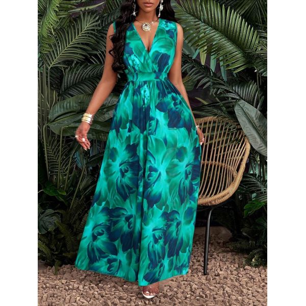 Tropical Print V-Neck Maxi Dress with Twisted Knit Waist for Women – Summer and Fall Long Dress