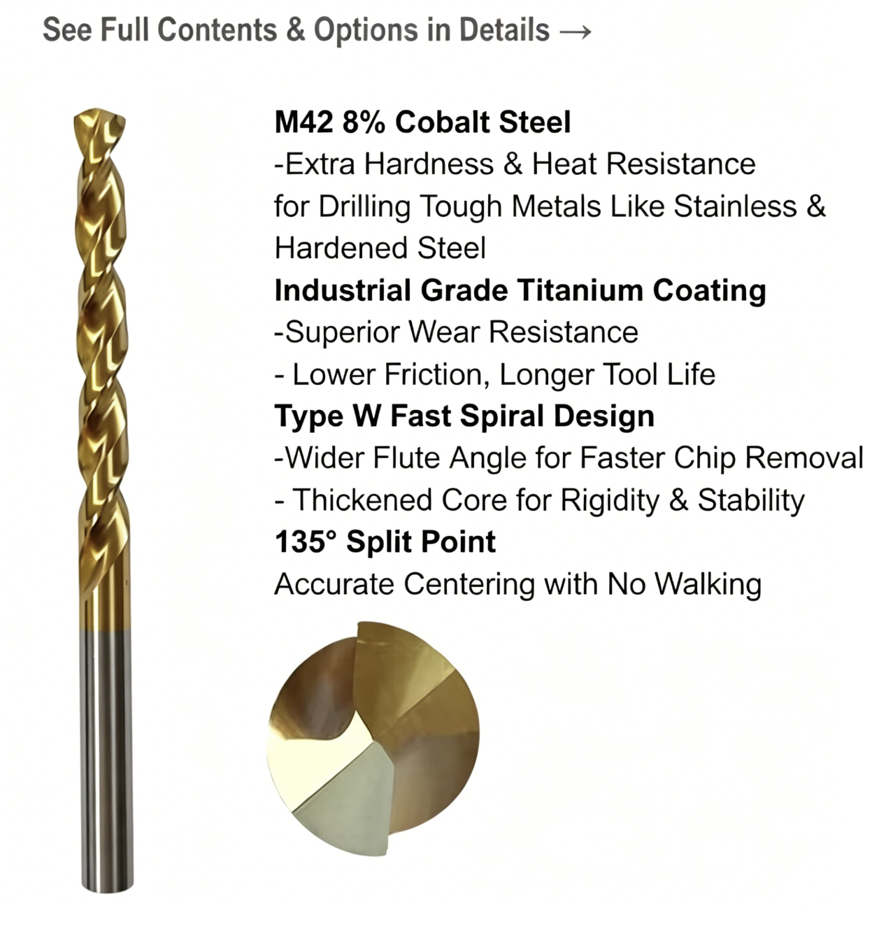 High Cobalt HSS Titanium Coated Drill Bit with 135° Split Point for Precision Metal Drilling