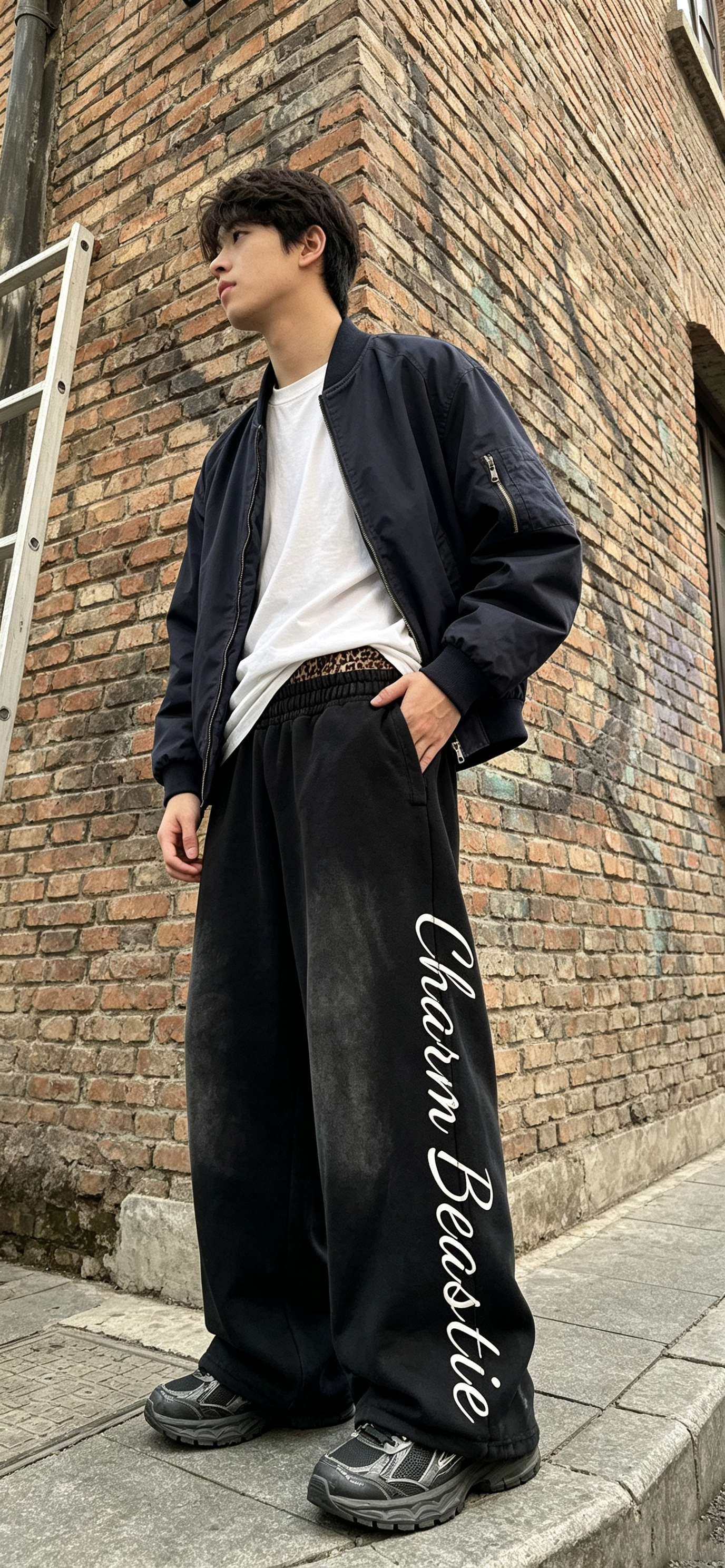 Faded Mens Wide Leg Pants Leopard Waist Terry Wide Leg Sweatpants Vertical Letter Embroidery
