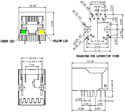 Разъемы 1x1 модульные - Magnetics J00-0045NL PulseJack прямоугольные 100Base Rj45
