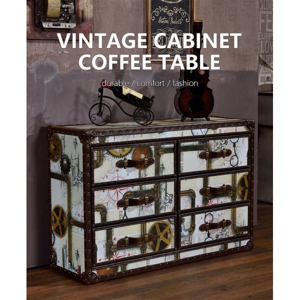Nidea #8517 Vintage Antique Rustic Luxury Classic Chest Cabinet with Hand-Painted Design Patterns, 6-Drawer Living Room Cabinet