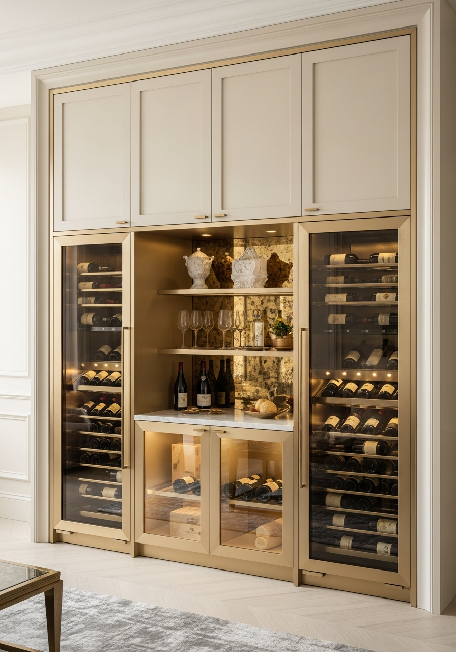 Golden Mirage Wine Vault in 304 Stainless Steel with Honey Onyx Accents