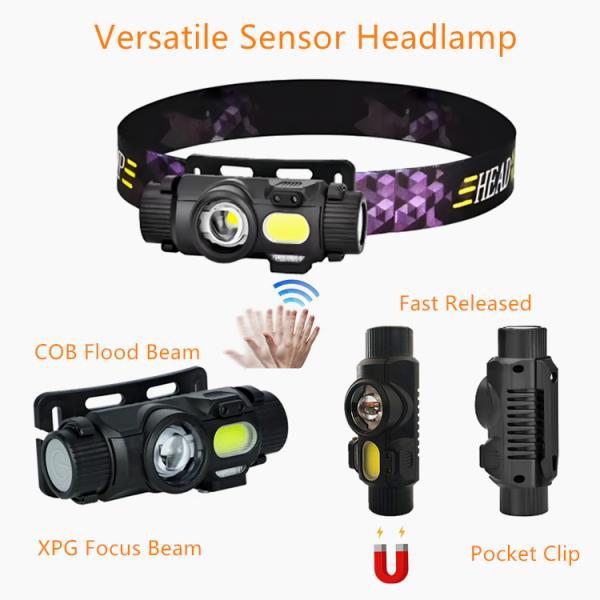 Versatile Touchless Sensor Activated Head Torch With Magnetic Tail COB Flood Beam