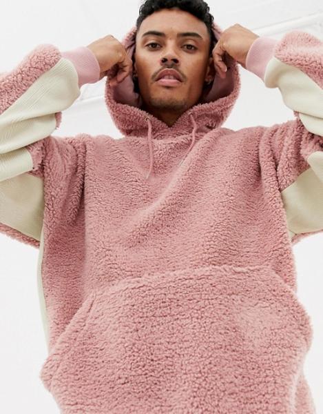Pink Color Hooded Mens Sherpa Jacket With Pouch Pocket Machine Wash