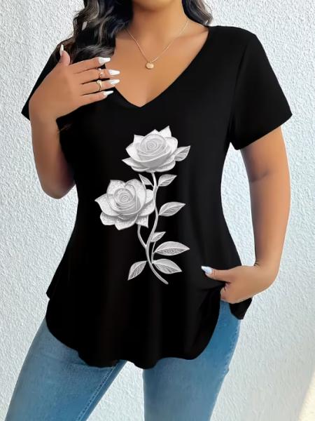 2026 New Arrival: Plus-Size Printed Short-Sleeve T-Shirt for Women – Casual, V-Neck, Loose-Fitting, Comfortable, and Versatile Top