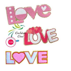 Custom Chenille Logo Letter Heart Patch Iron On Embroidery Glitter Patches For