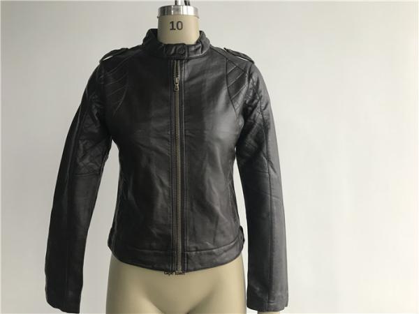 Dark Brown Color Ladies PU Jacket With Epaulets On Shoulder LEDO1719