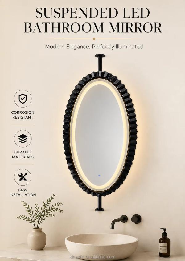 Kingstin Luxury Floating Suspended LED Mirror with Custom Size Black Stainless Steel Frame for Modern Bathrooms Hotel and Villas