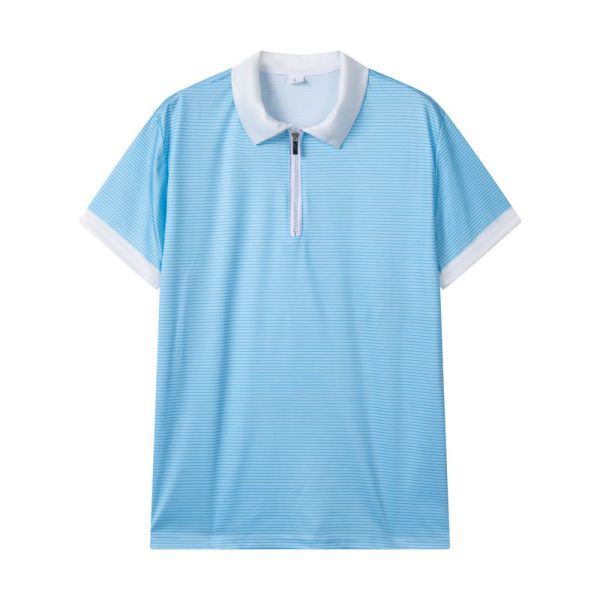Unisex Sky Blue Micro-Stripe Half Zip Polo Shirt with Contrast Collar