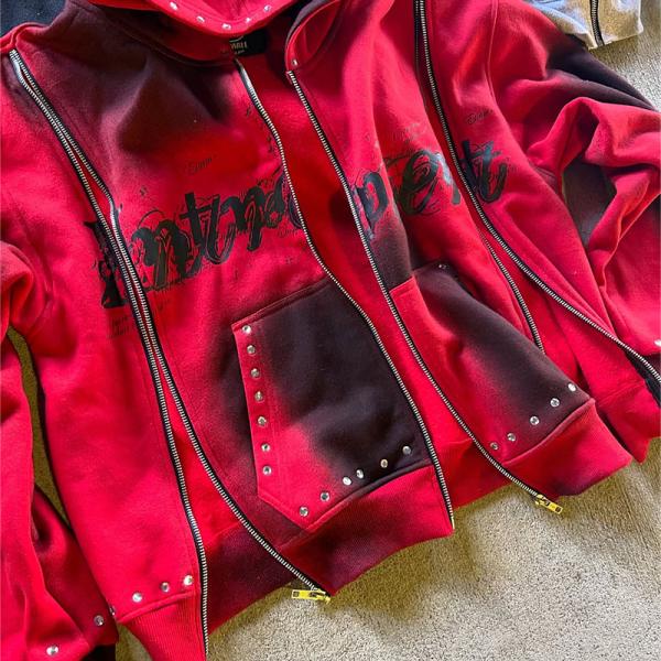 Servicio OEM Rhinestone Zip Up Hoodie Acid Wash Diamante Rojo Hoodie 100% de algodón