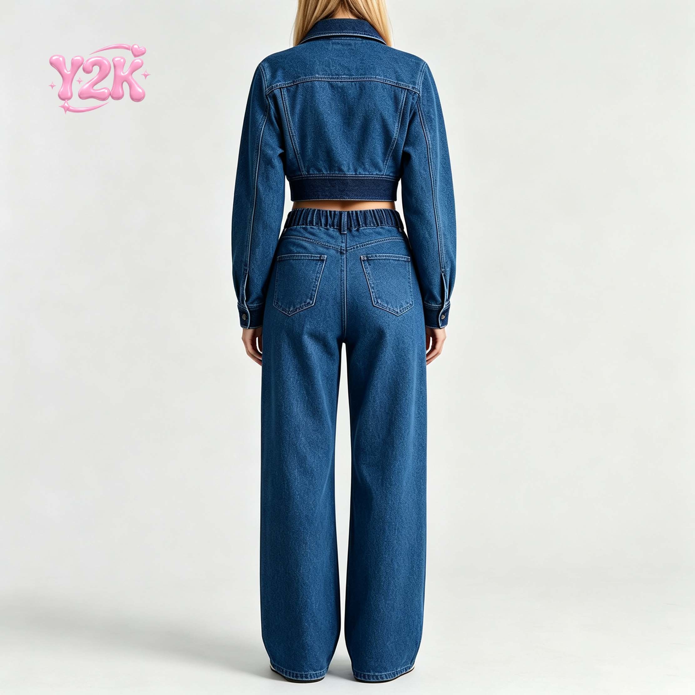 Custom Women's Cropped Denim Half Zip Top Wide Leg Pants Set