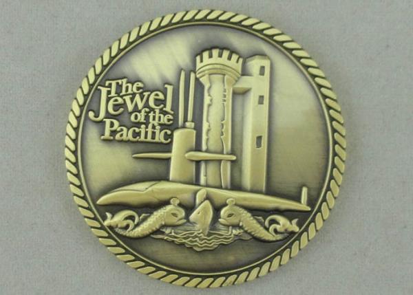 Zinc Alloy Die Casting Personalized Coins For Jewel Of The Pacific , Antique Gold plating With Rope Edge