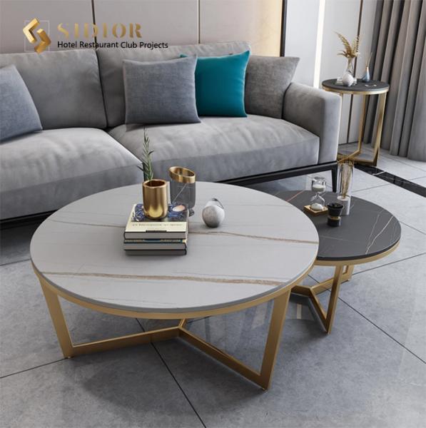 50cm Lightweight Black Round Marble Coffee Table Set Of 2 With Gold Legs