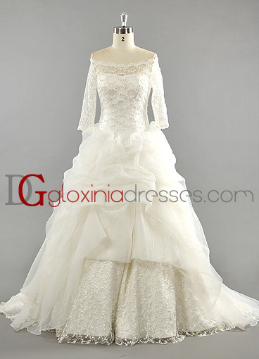 2013 A-line Off-the-shoulder Train Lace Beaded Organza Ivory Bridal dresses BDGD1007