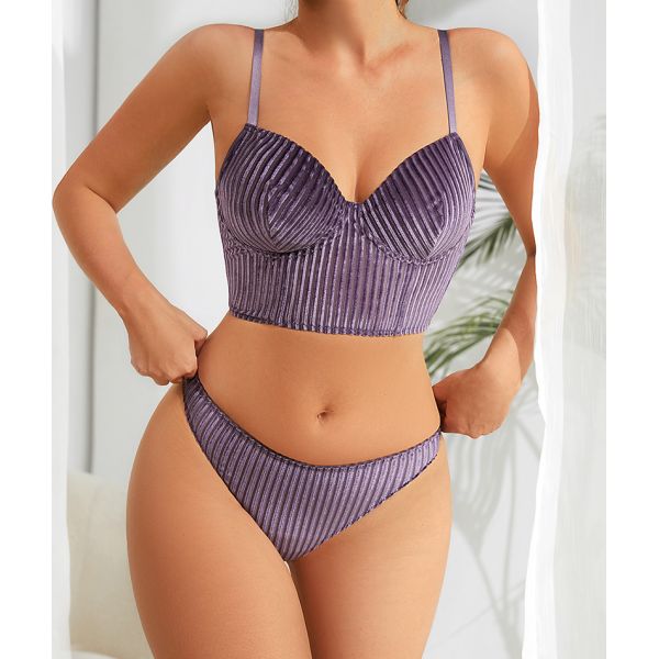 Thong Lingerie Set S-xl Plus Size Sexy Velvet Underwire Underwear Set Ladies Threaded Push up Gathered Adjustable Bra