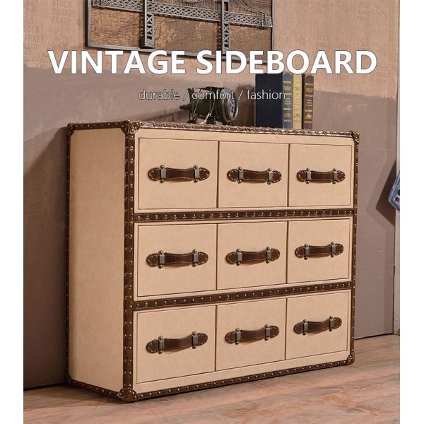 Nidea #8611 American Vintage Style Handmade Leather Red Wine  Bar Side Table Storage Cabinet 9 Drawers for Hotels Home Furniture