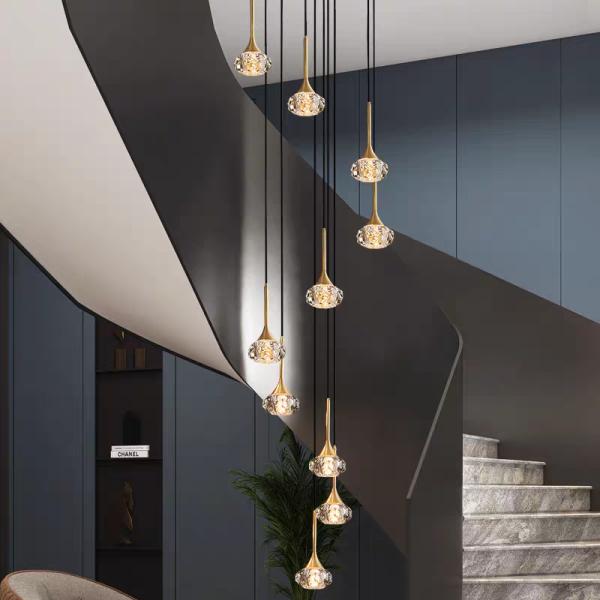 Modern Custom Gold Aluminum Long Ceiling Pendant Revolving Staircase Large Living Room Hanging Light LED Luxury Acrylic Chandelier