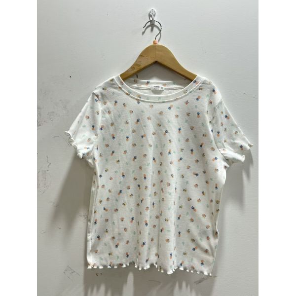 Casual Pineapple Print Ribbed Knit Set - Ruffle Hem T-Shirt & Shorts