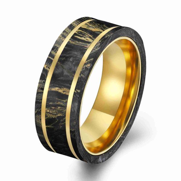 New Arrival Custom forged carbon wedding band Plated 14K Gold Ring with gold foil