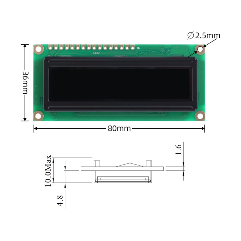 OLED1602A Black Film, 16×2 Character OLED LCD Display Module, WS0010-TX, Parallel Interface, 66x16mm View Size, Working Temperature -40+80 Display