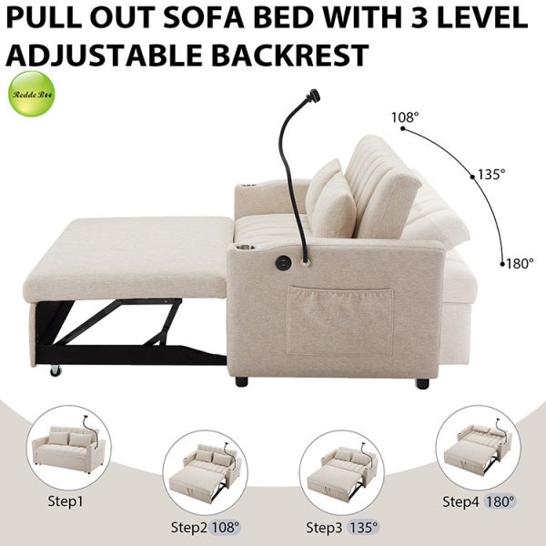 Modern Fabric Pull Out Sofa Bed with USB Charging Port & Cup Holder Saving-Sapce 2 Seater Sofa Convertible Sleeping Folding Sofa Bed