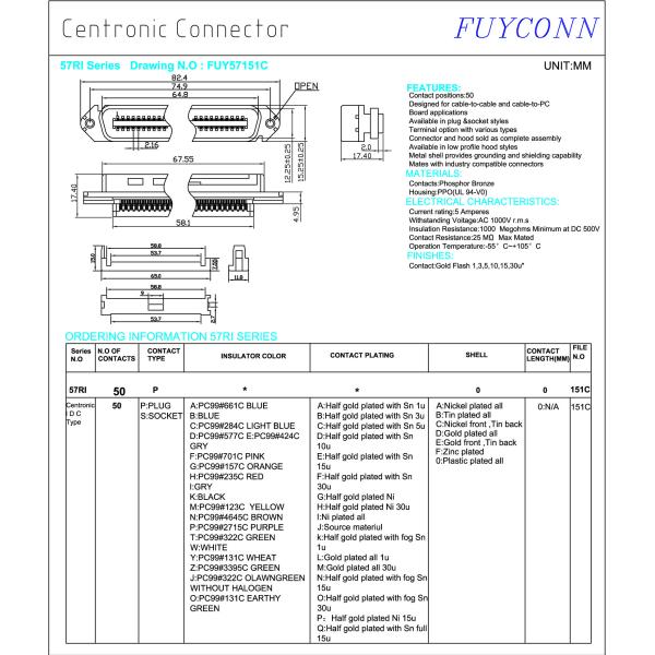 Кабельный соединитель тесемки разъём-вилка RJ21 Centronic IDC с хомутом для кабелей