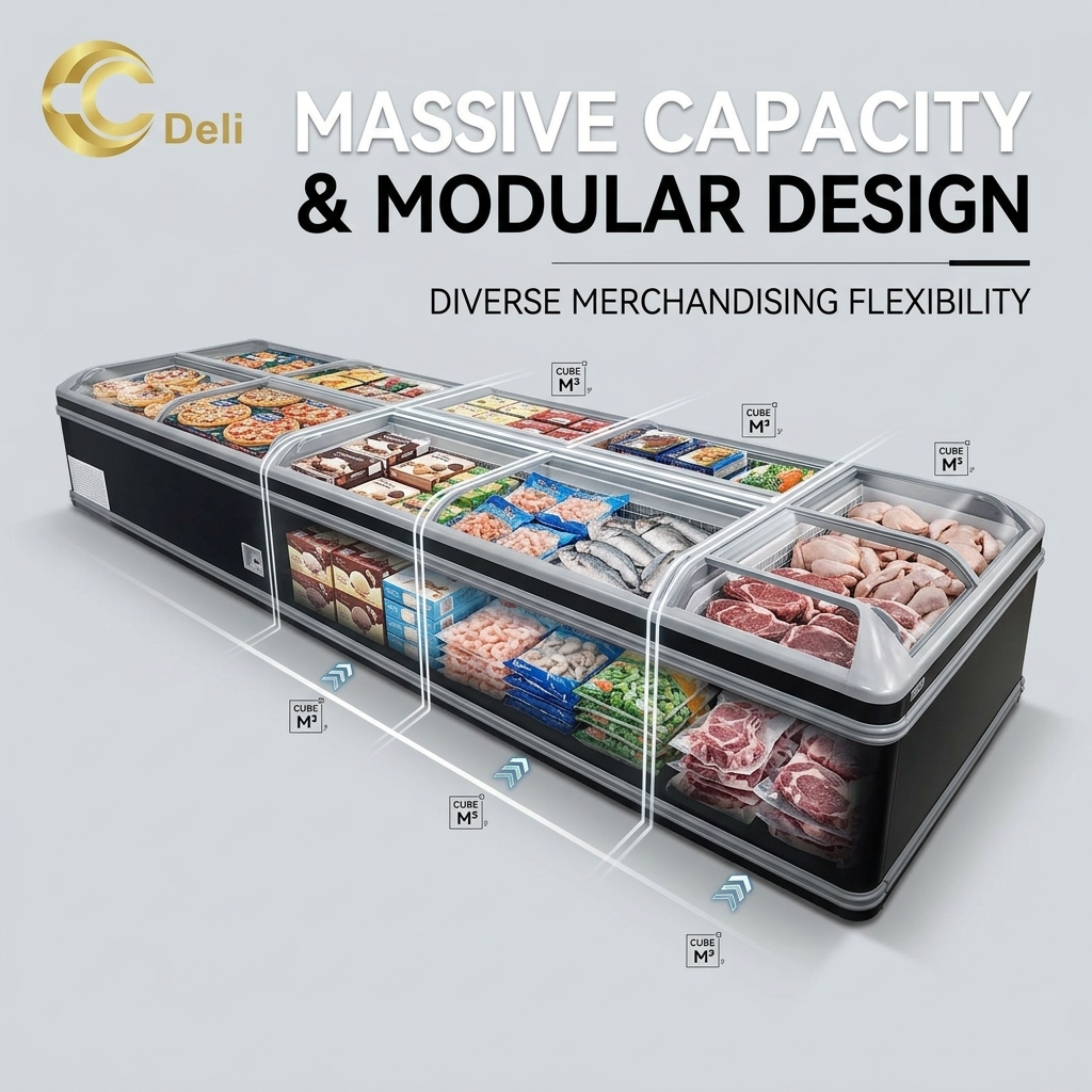 Auto Defrost Open Island Freezer 600L - 1000L Island Display Freezer Direct Cooling