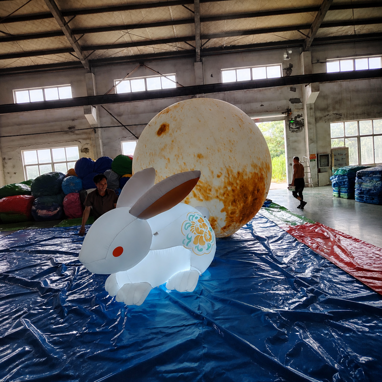 Commercial Illuminated Inflatable Moon and Rabbit Display Set with Custom Printing for Festivals Malls and Event Decorations