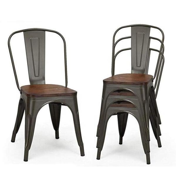 Industrial Metal Dining Chair with Wood Cushion - Stackable Design