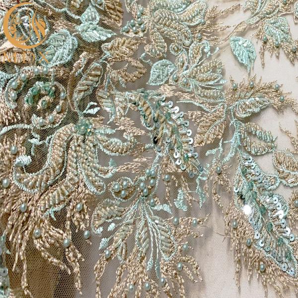 140Cm Width 3D Embroidery Lace Fabric With African Beaded  5 Yards