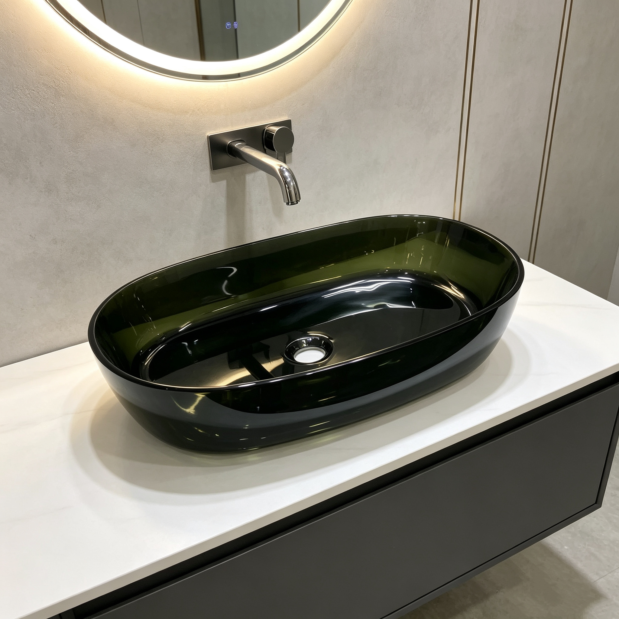 Dark Green Resin Oval Solid Surface Basin Vessel Sink Glossy Countertop For Cloakroom