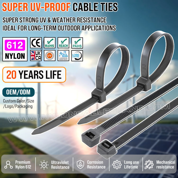 OEM factory of nylon 612 (polyamide 612 / PA 612) cable ties & cable management solutions in China Black Nylon 612 (Polyamide 612, PA612) Cable Tie, Heavy Duty, UV & Weather Resistance, 350mm x 7.6, For Outdoor Solar Facilities