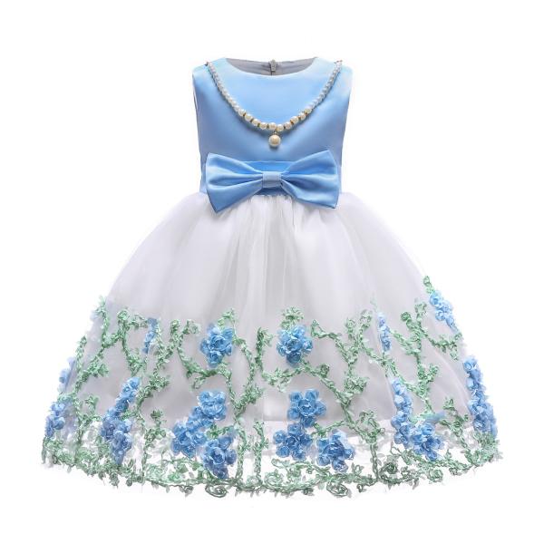 Embroidered Flower Polyester Children'S Dress Clothing With Bow At Waist OEM