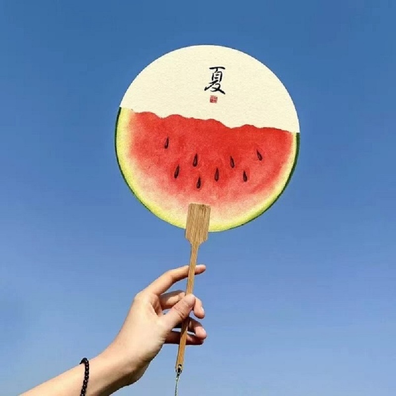 Creative Watermelon Pattern Round Paper Hand Fans With Wooden Handles