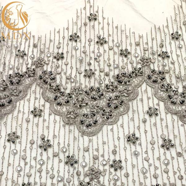 Grey Beaded Decoration Handmade Lace Fabric For Evening Dress