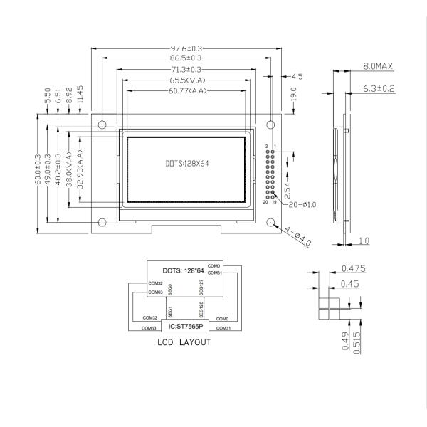 3-дюймовый матричный LCD-модуль STN/FSTN, 128X64 DOTS, управляющий IC ST7565P, 4-проводной интерфейс SPI