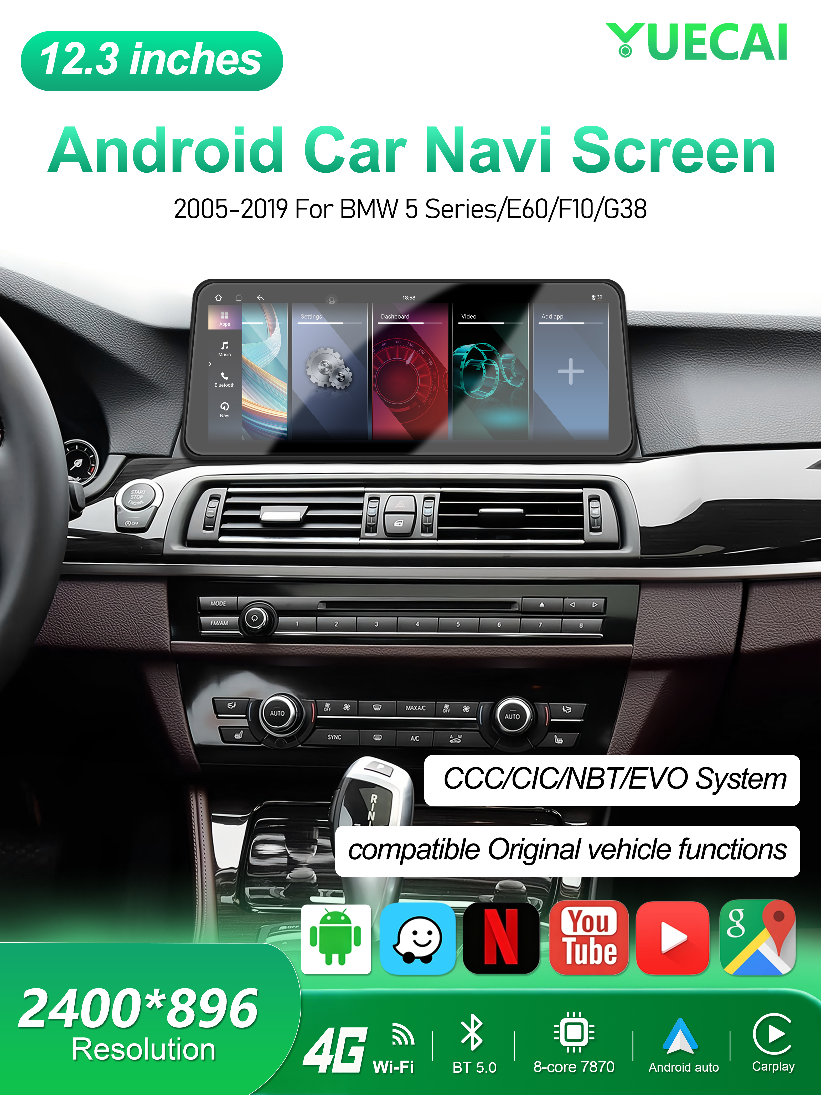 12.3inch OLED Android Touchscreen Car for Screen for BMW 5 Series/F10 2010-2012 Includes Frame Canbus-Dashboard 1 Year