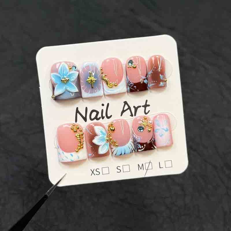 Wholesale Medium Square Fake Nails Handmade Fake Nails Ocean 3D Floral Starfish Decor