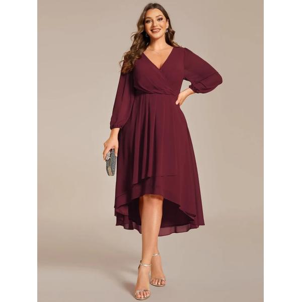 Elegant Empire Long Sleeve V-neck High Low A-line Ruffled Midi Burgundy Chiffon Wedding Guest Cocktail Dress
